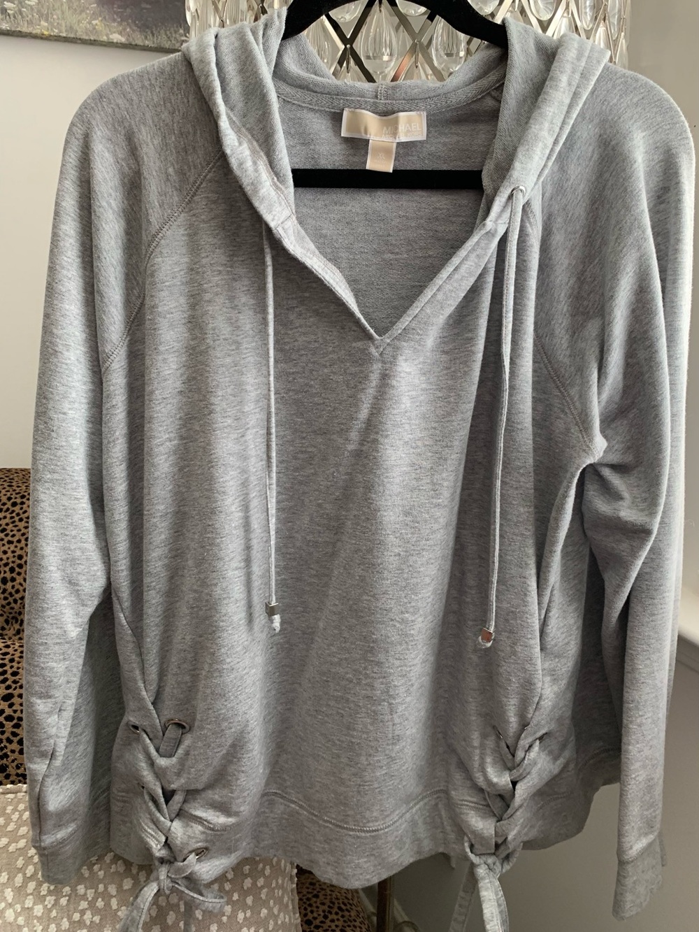 Michael Kors Light Gray V-Neck Hooded Sweatshirt with Side Lace-Up